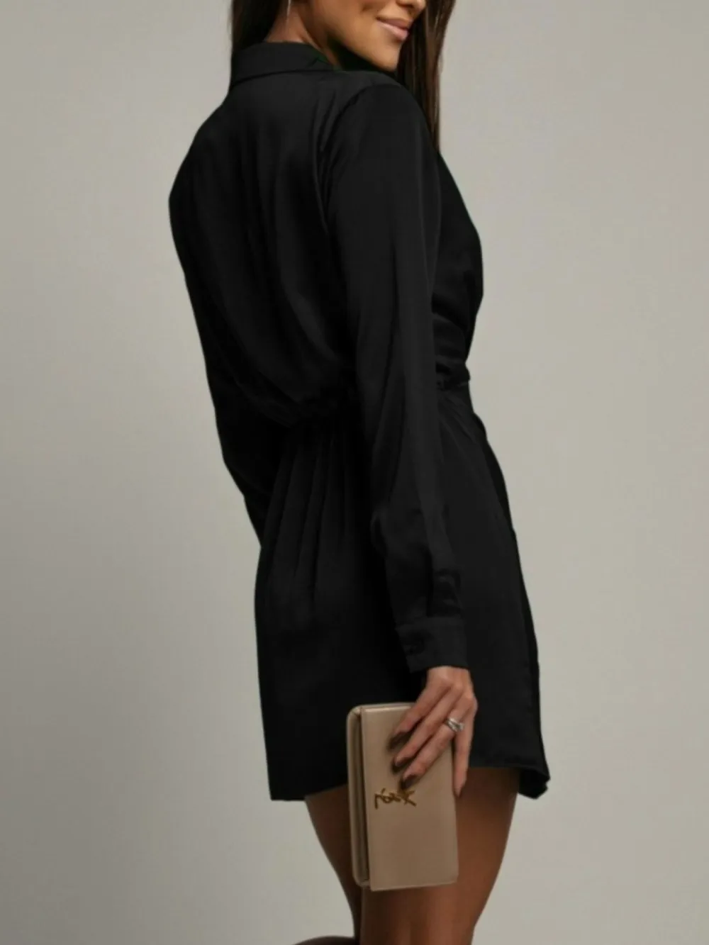 Satin Long Sleeve Collared Dress Casual