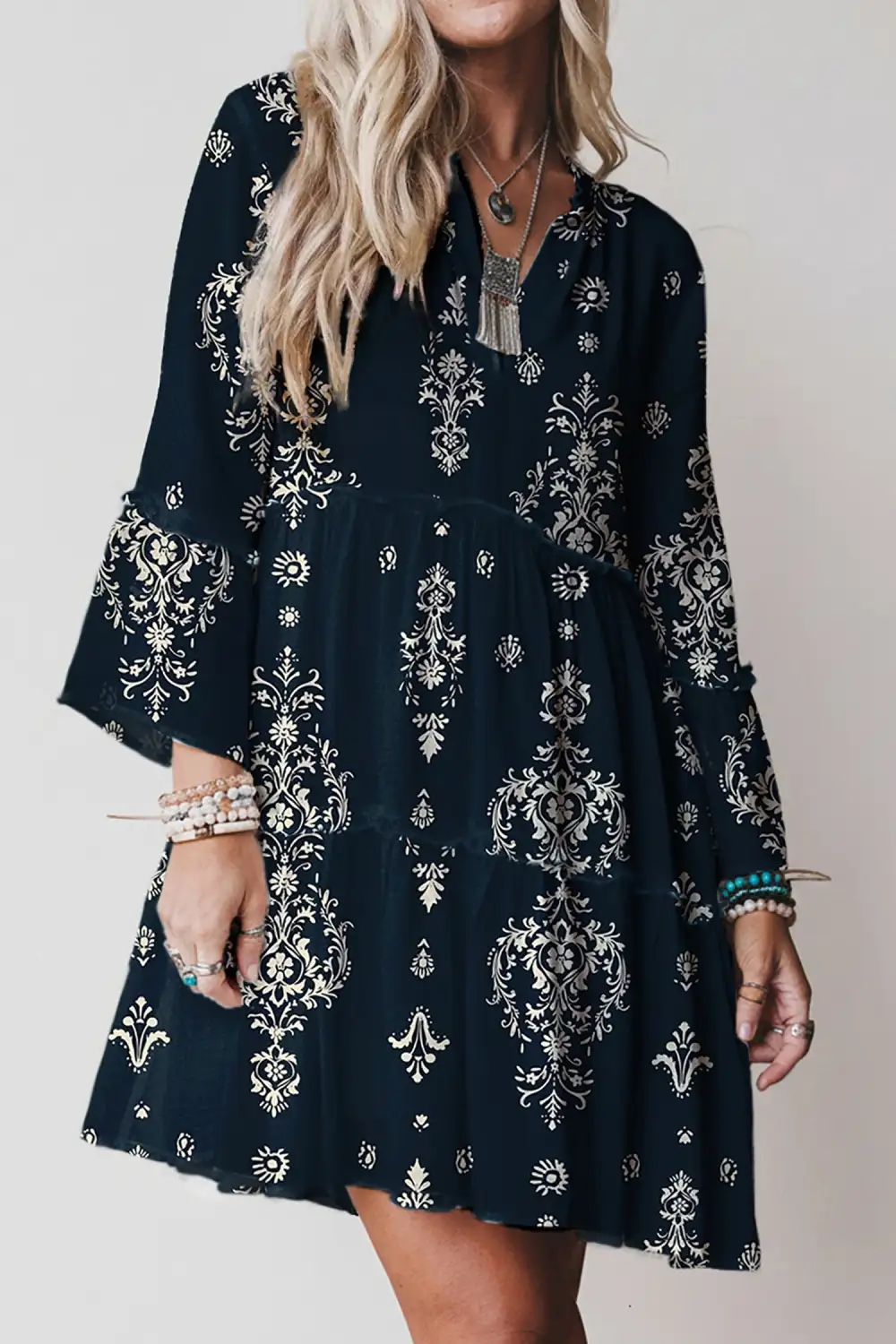 Boho Lettuce Trim Three Quarter Sleeve Mini Dress