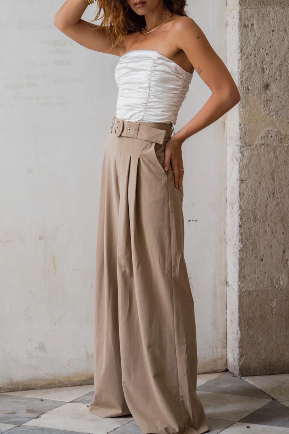 Ivory Strapless Ruched Satin Top