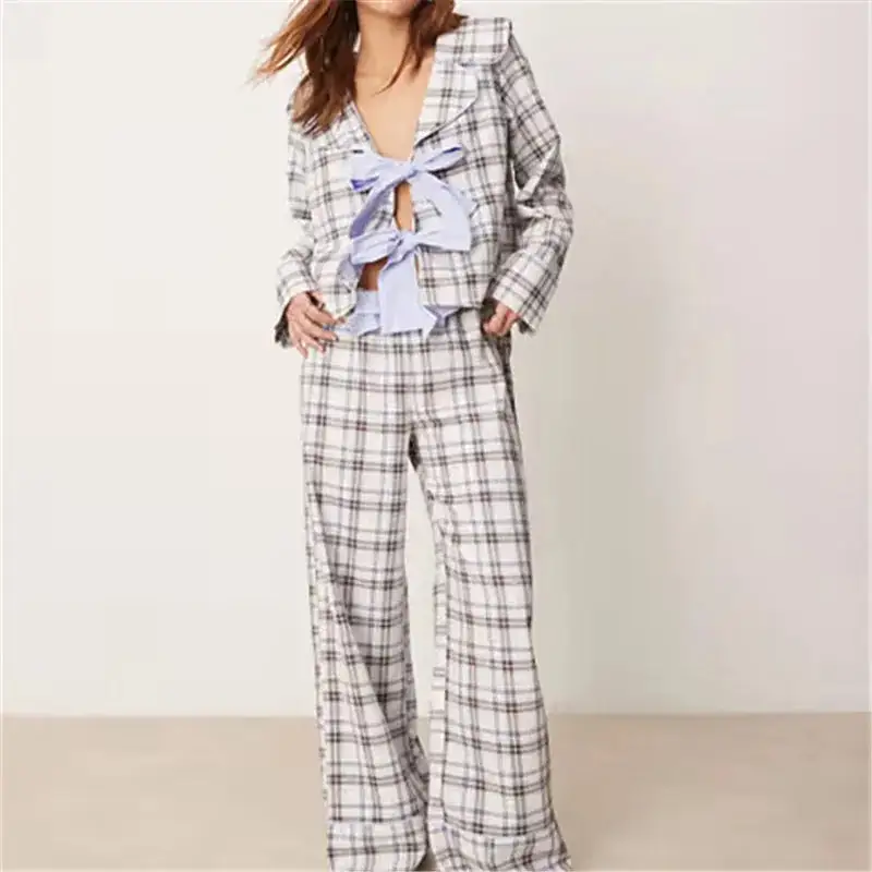 Long Sleeve Bow Tie Front Tops with Elastic Waist Pants Lounge Set