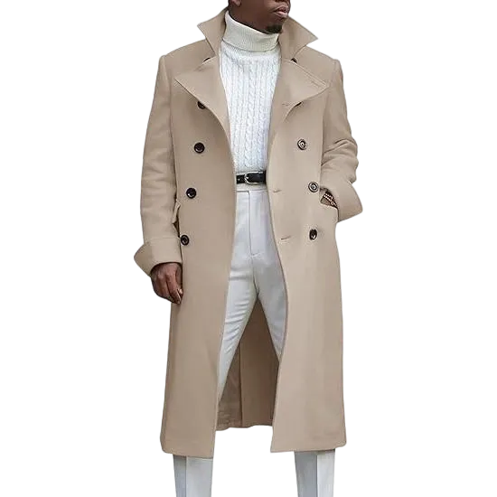 Men's Notch Lapel Double Breasted Long Trench Coat Casual Cotton Blend Peacoat