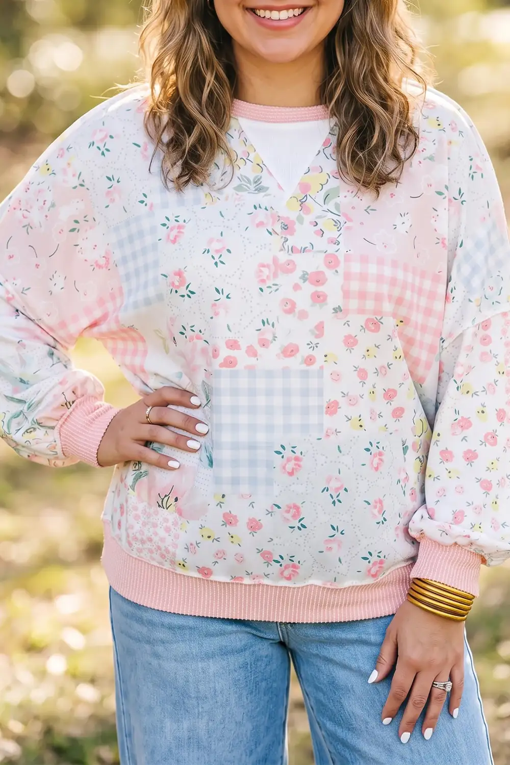 Plaid Ribbed Relaxed Long Sleeve Top