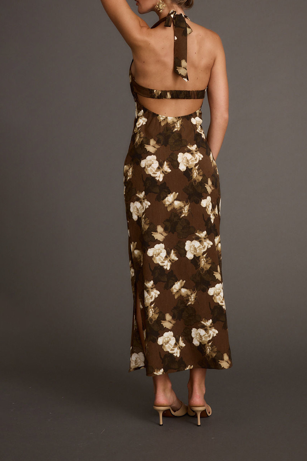 Brown Floral Halter Maxi Dress