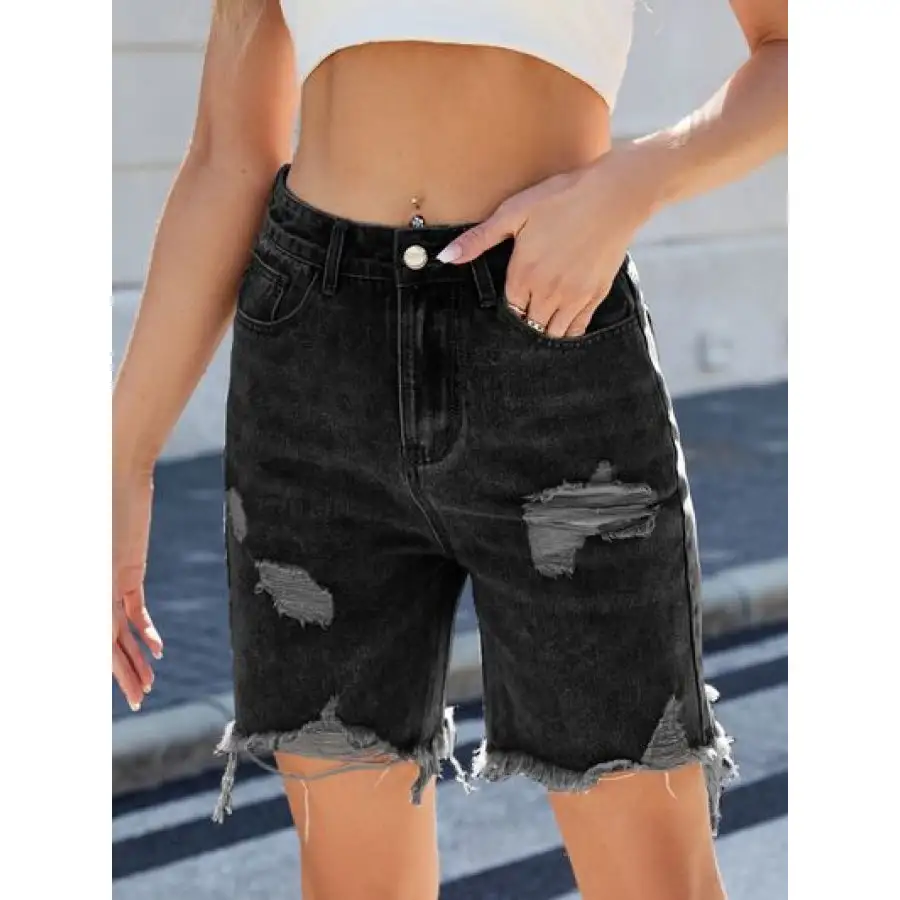 Versatile Distressed Raw Hem Denim Shorts