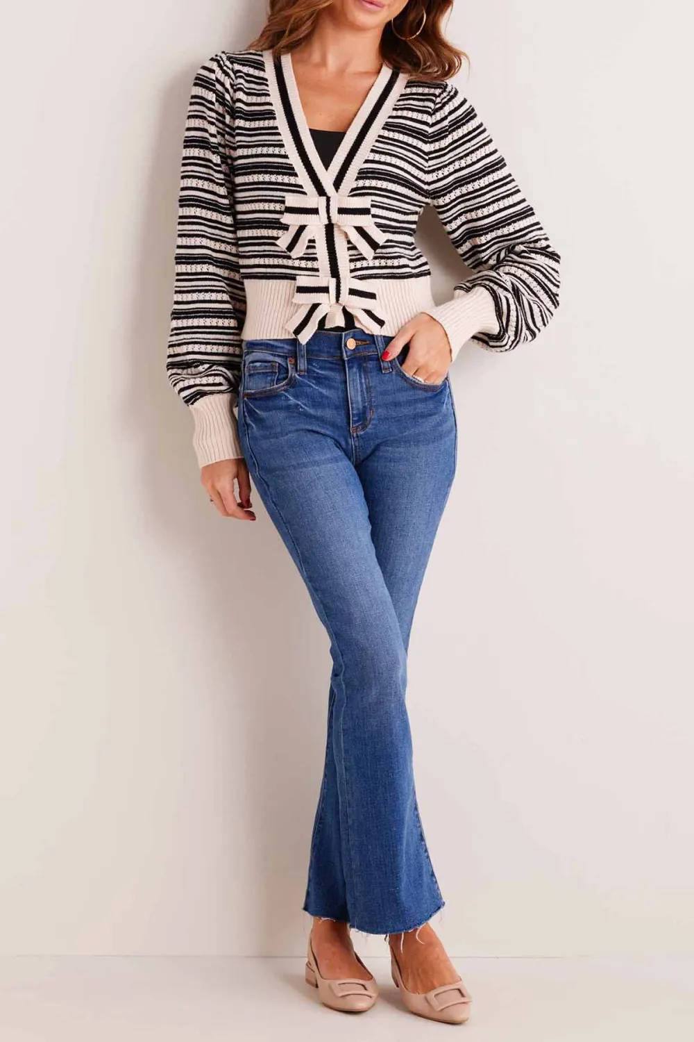 Striped Tie-Front Knitted Cropped Cardigan