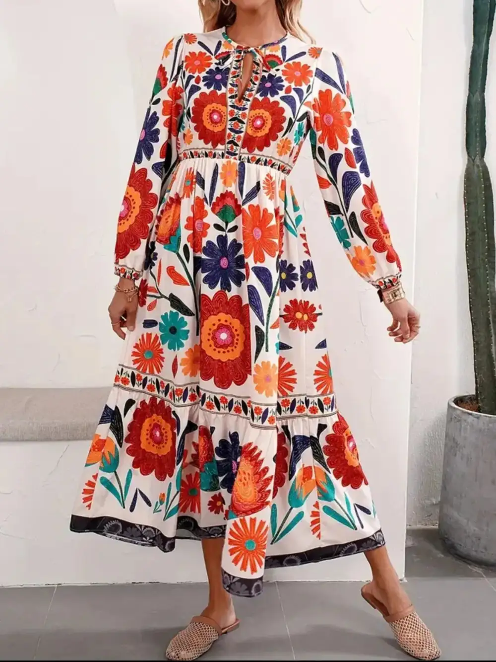Floral Tie Waist Long Sleeve Dress Casual