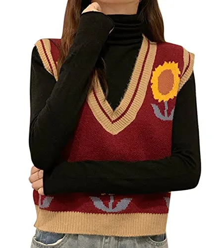 Women V Neck Sweater Vest Y2K 90s Floral Pattern Knit Tank Top Sleeveless Knitwear Black