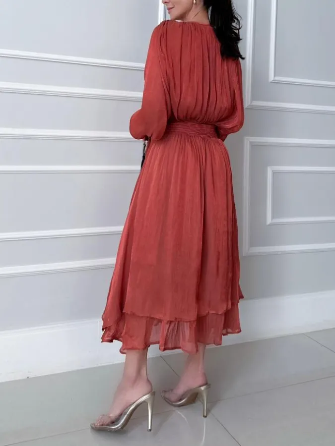 Asymmetrical Hem Long Sleeve Chiffon Midi Dress