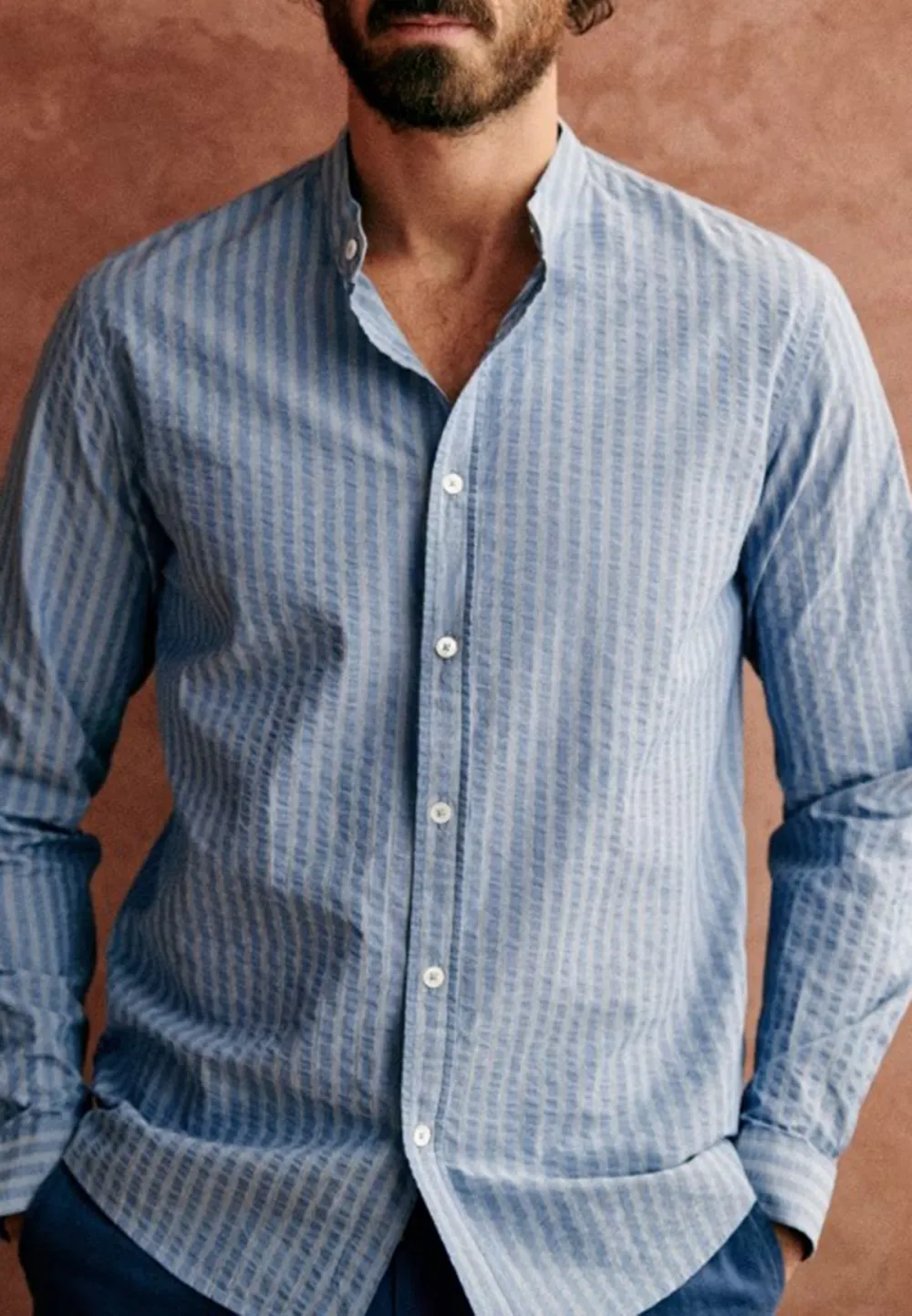Yellow White Stripe Seersucker Button-Down Camp Shirt