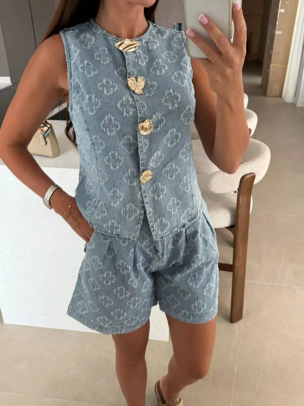 Raw-Hem Denim Embossed Vest and Shorts Matching Set
