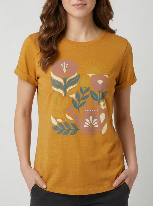 Women's Gardening Floral Watering Can Print T-Shirt