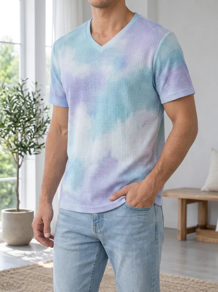 Men's Everyday Pastel Tie-Dye Waffle Knit V-Neck T-Shirt