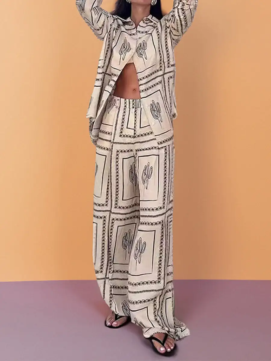 Relaxed Geometric Print Blouse And Pants Set