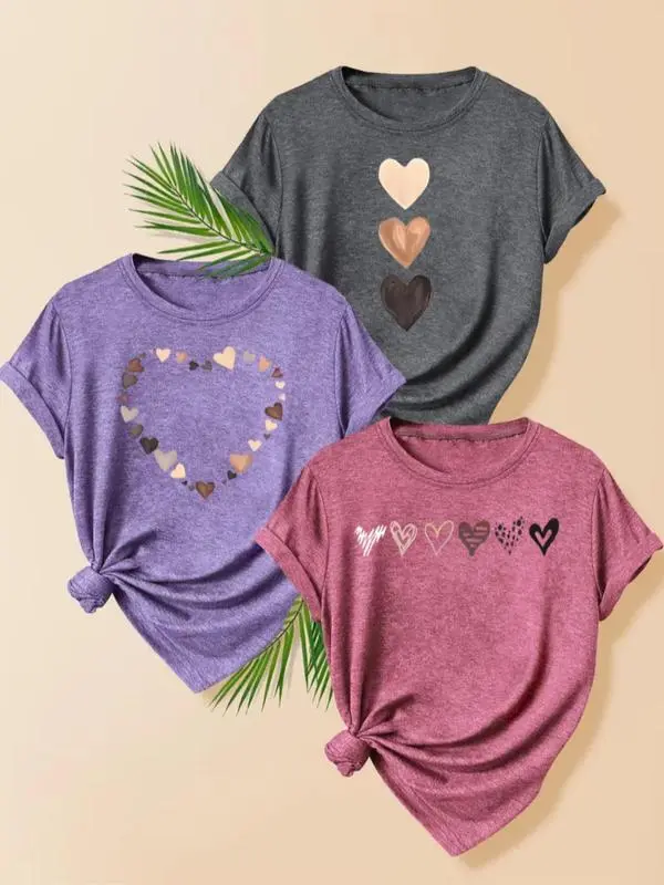 Women'S Heart Print Tee, Casual Short Sleeve T-Shirt For Daily Wear, Ladies Clothes For All Seasons, Graphic Tees, Women swear
