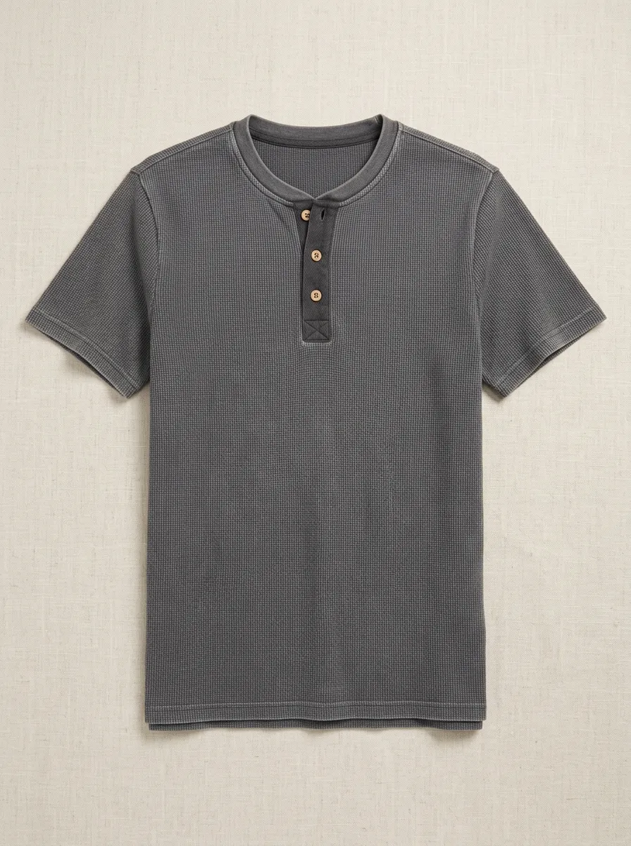 Men's Classic Waffle Knit Button Placket Minimal Henley Shirt