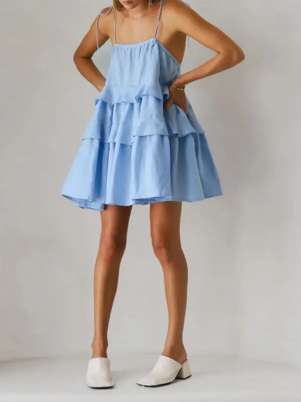 High Waisted Relaxed Backless Layered Pleated Solid Color Tied Spaghetti Neck