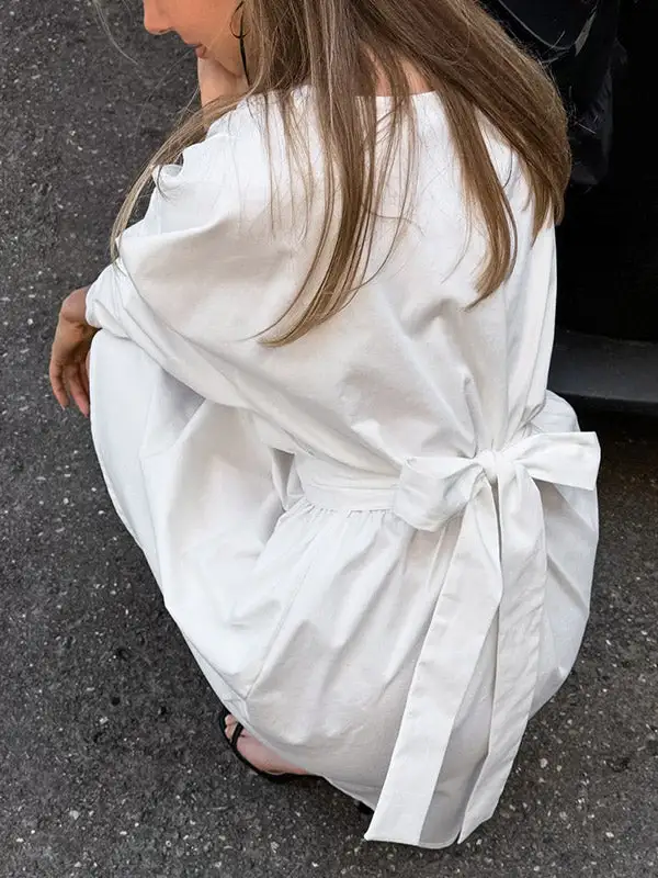Long Sleeve Relaxed Pleated Solid Color Split Joint Tied Waist V