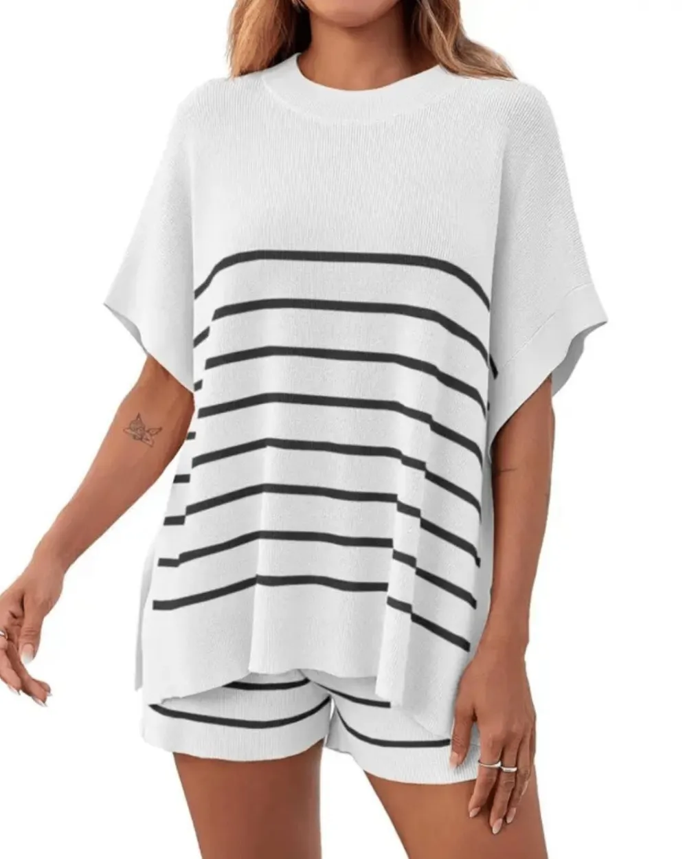 Striped Batwing Top and High-Waist Shorts Two-Piece Lounge Set