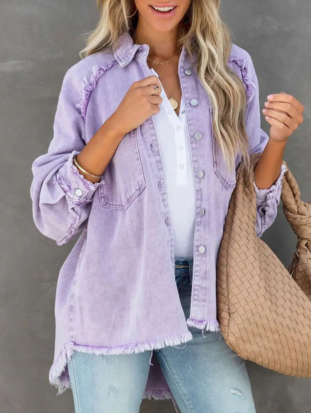Loose Raw Edge Patchwork Pocket Denim Shirt Jacket