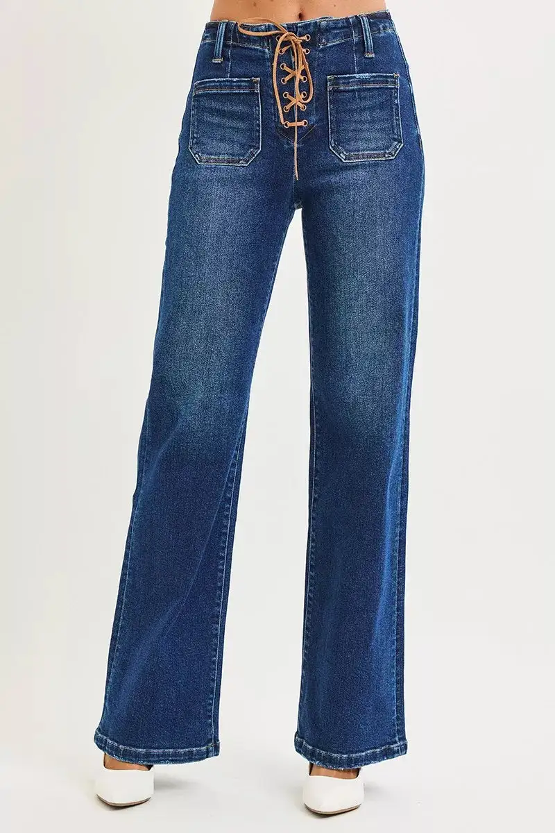 High Rise Front Tie Wide Leg Jeans