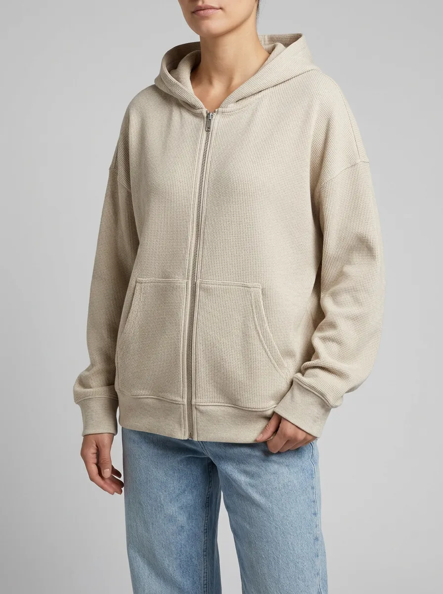 Waffle-Knit Knit-Texture Minimal Zip-Up Women's Zip-Up Hooded Jacket