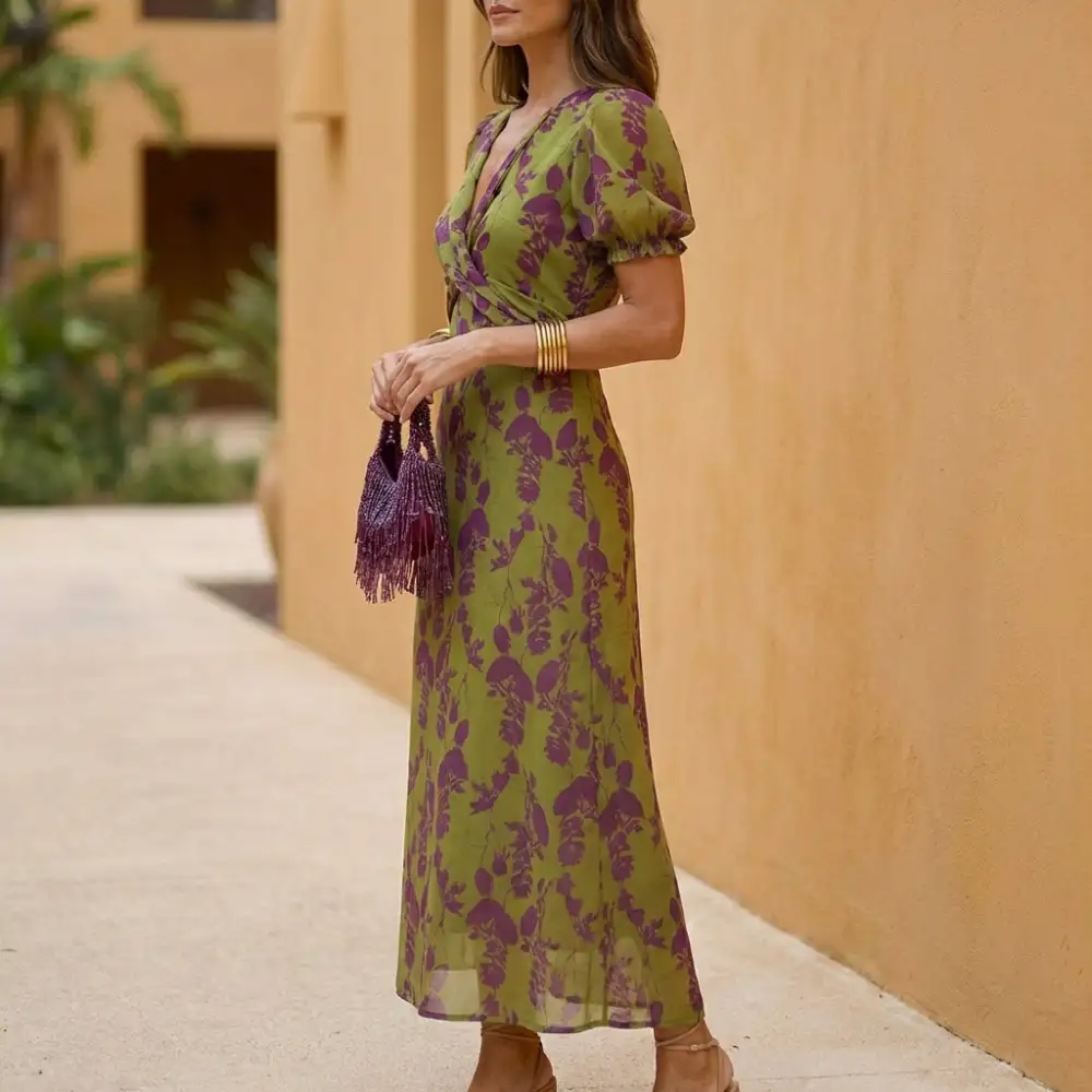 A Line V Neck Puff Sleeve Floral Maxi Dress
