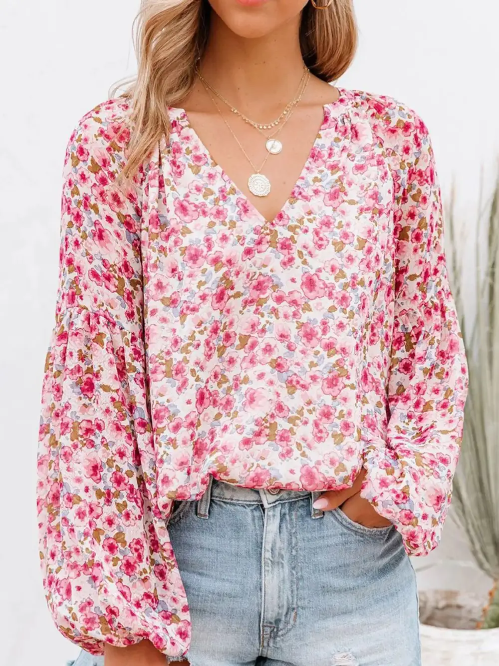 Floral Print V Neck Long Sleeve Blouse