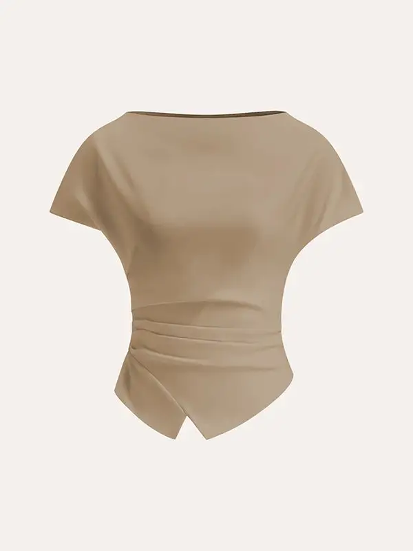 Relaxed Raglan Sleeve Asymmetric Pleat Detail Panel Detail Round Neck T-Shirt