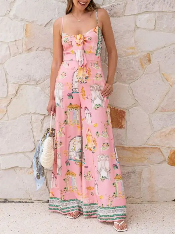 Printed Tie Front Wide Leg Jumpsuit