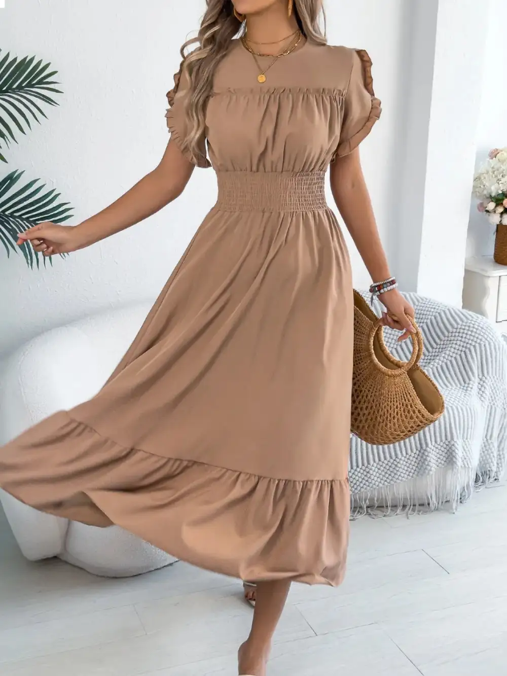 Crew Neck Ruffled Smocked Midi Dress