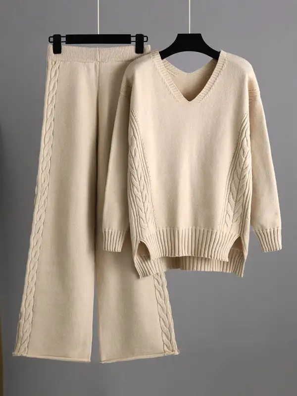 Relaxed Long Sleeve V Neck Sweater And Pants Set