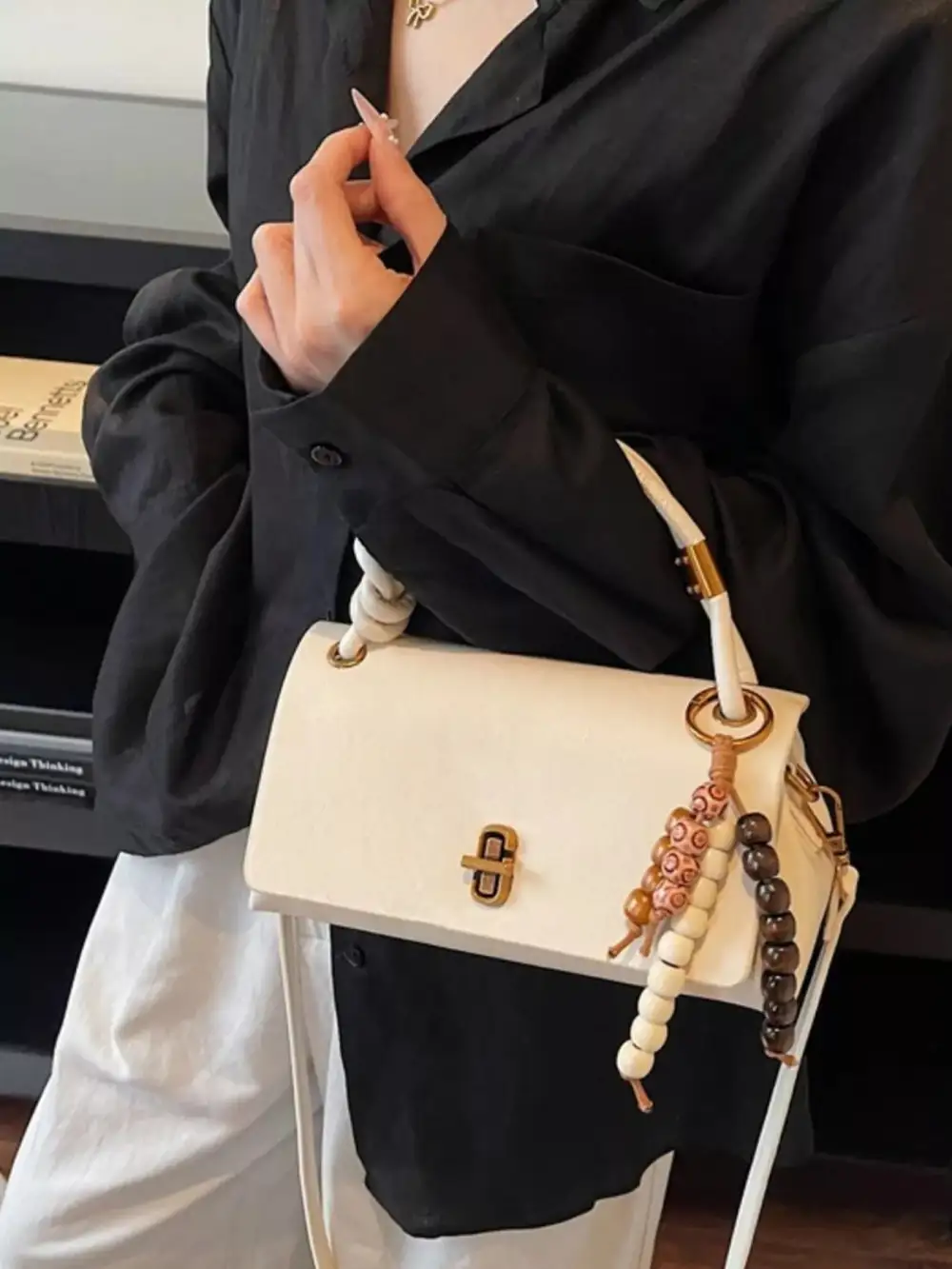 Leather Crossbody Bag with Bead Charm