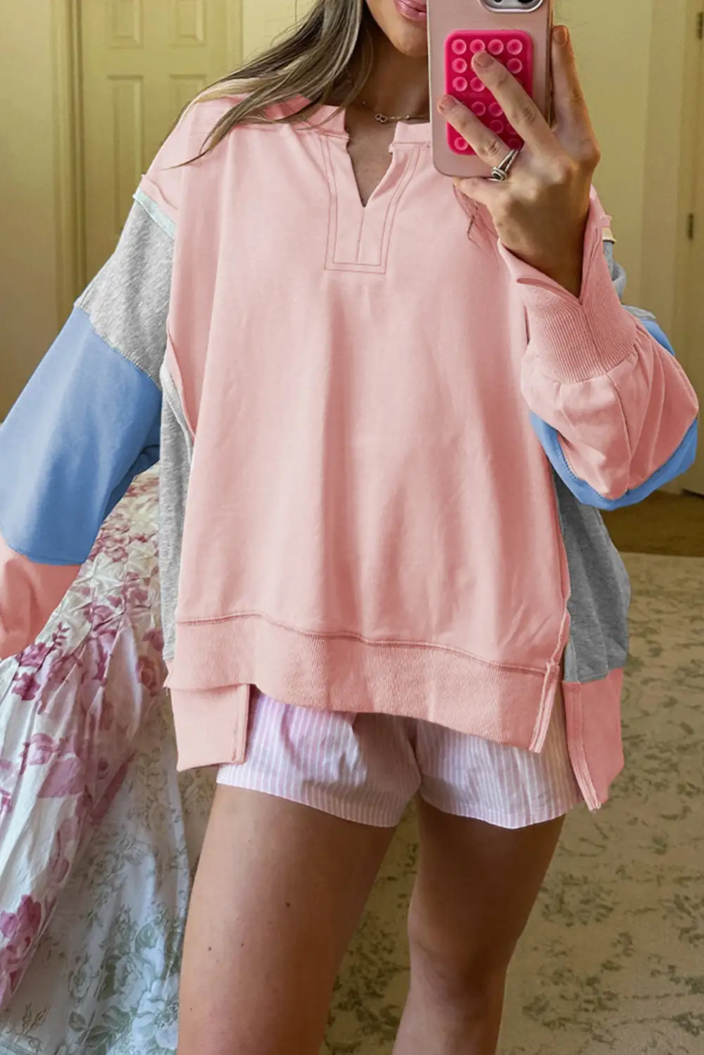 Relaxed Patchwork Exposed Seam Side Slit Sweatshirt