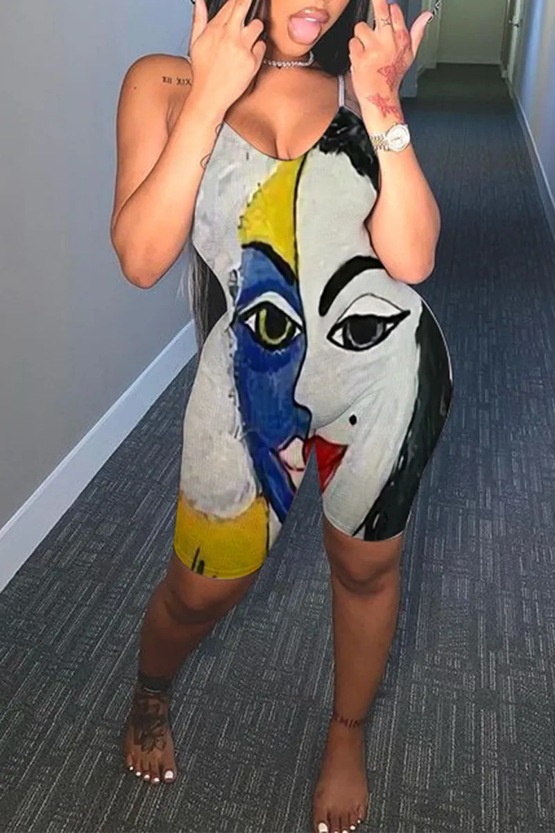 Sexy Print Split Joint V Neck Skinny Jumpsuits