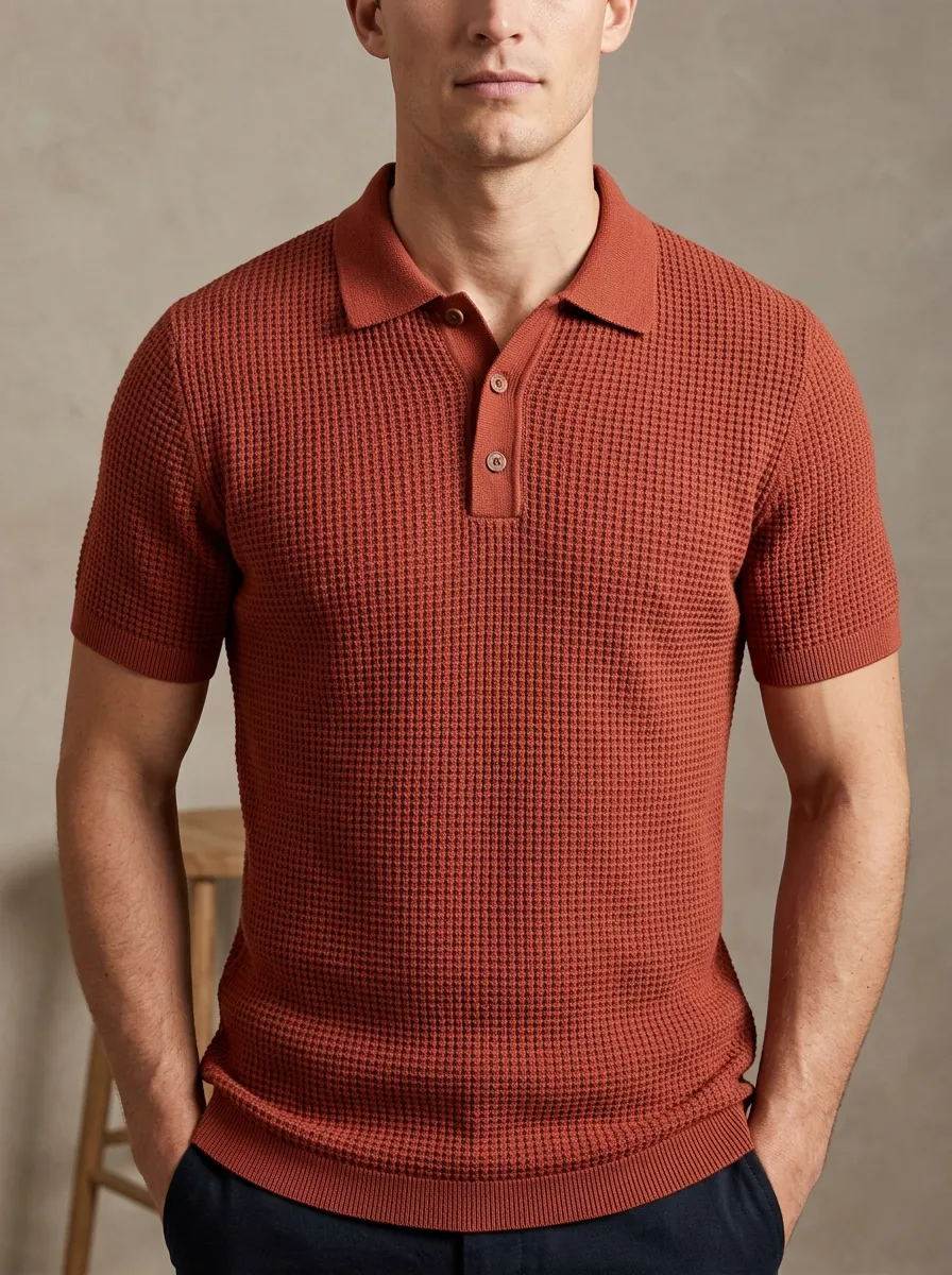Men's Refined Textured Waffle Knit Polo Shirt