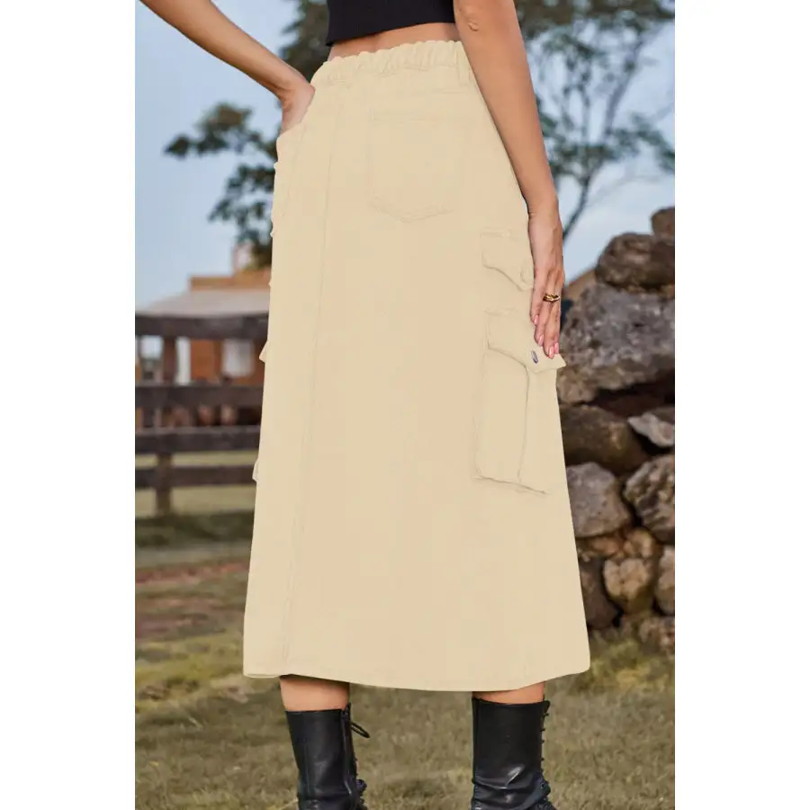 Slit Front Midi Denim Skirt with Pockets