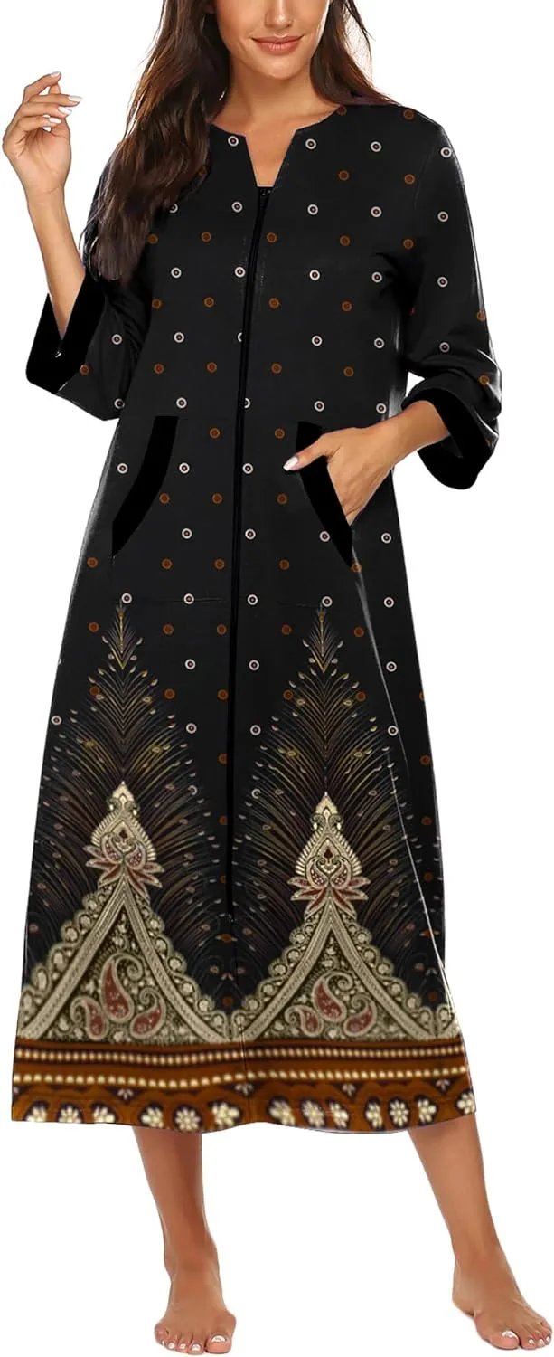 50% OFF Women Zipper Robe 3/4 Sleeves Loungewear Dress Full Length Sleepwear Pockets Housecoat Nightgown Long Bathrobe