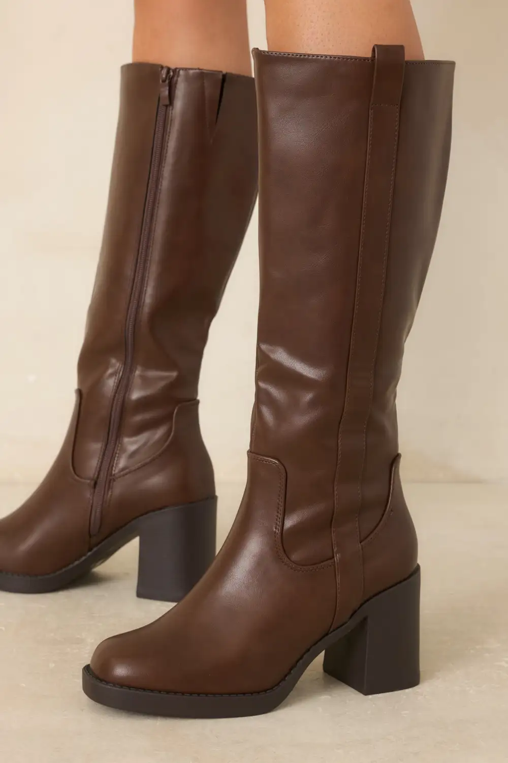 Faux Leather Block Heel Knee High Boots