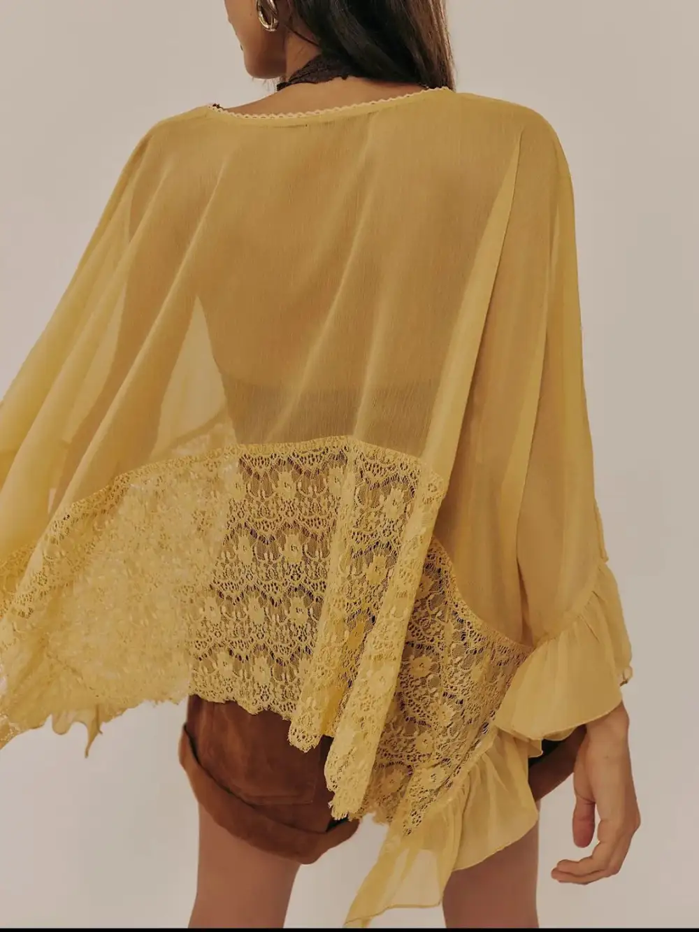 Lace V Neck Ruffle Long Sleeve Swim Cover Up