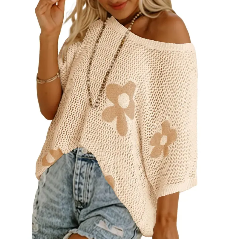 Women's Floral Short-Sleeve Crochet Top