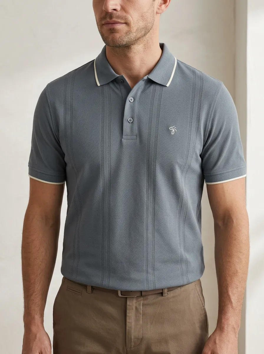 Men's Knit Ribbed Textured Vertical-Stripe Embroidered Polo Shirt