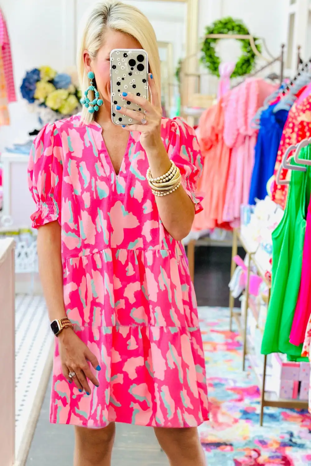 Abstract Print Tiered Tie Detail Mini Dress