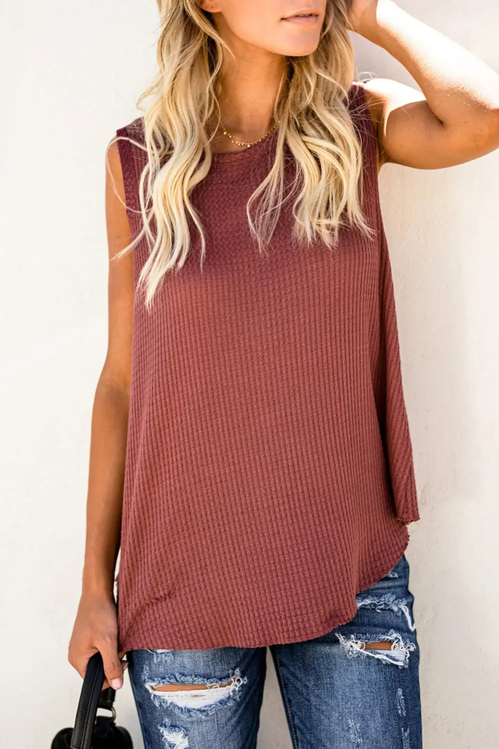 Airy Crew Neck Waffle Tank Top