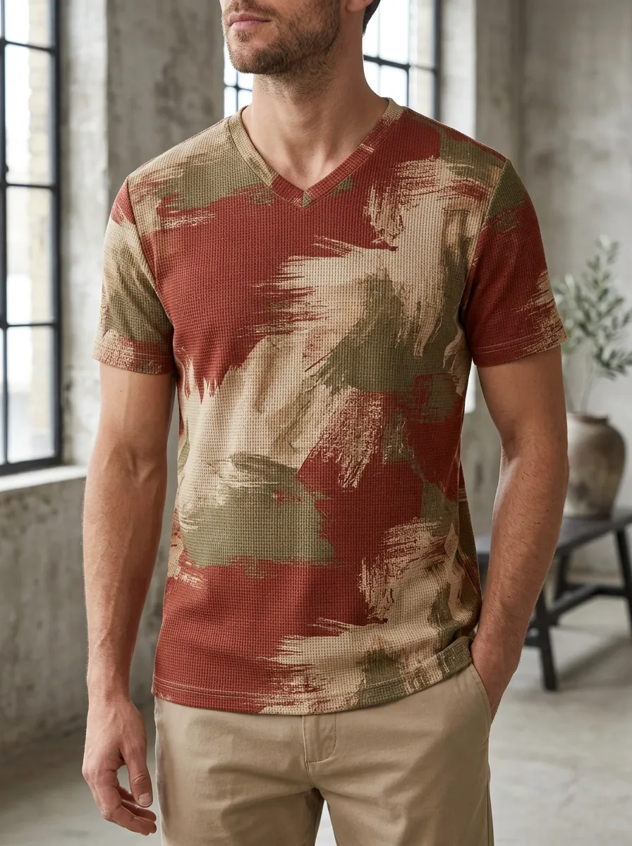 Men's Camo Abstract Brushstroke Printed V-Neck T-Shirt