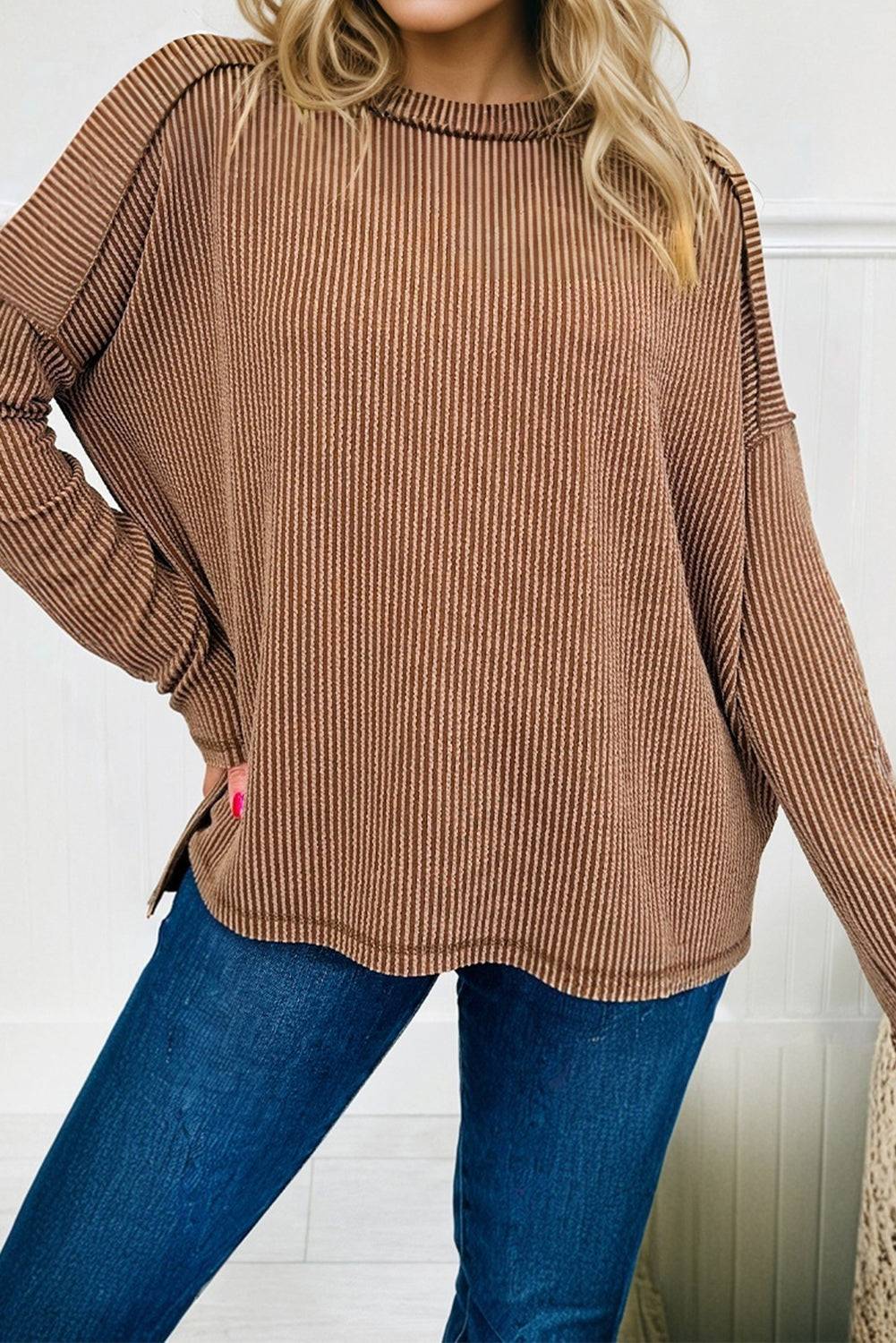 Women's Ribbed Long Sleeve Loose Fit Top