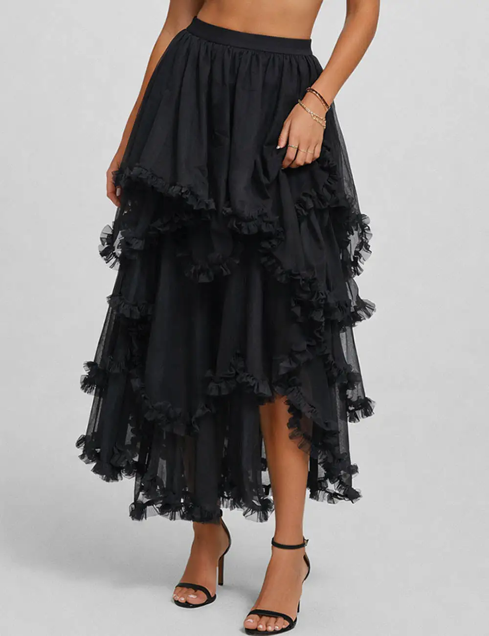Sheer Mesh Elastic Waist Tiered Ruffle Midi Skirt