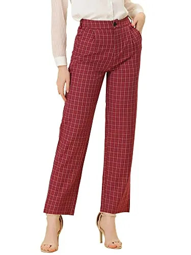 Women's Plaid Pants Elastic Waist Casual Work Office Long Trousers