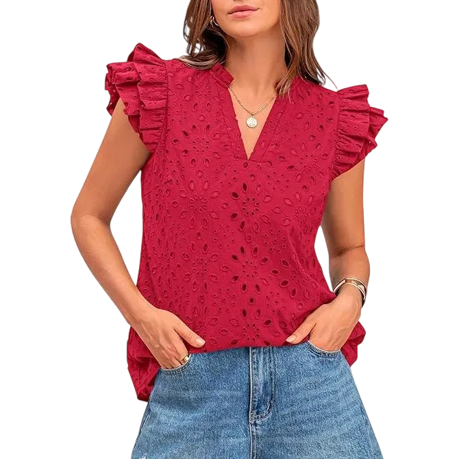 9PACK-Women Summer Eyelet Tops Dressy Casual V-Neck Ruffle Cap Sleeve Cotton Boho Shirts