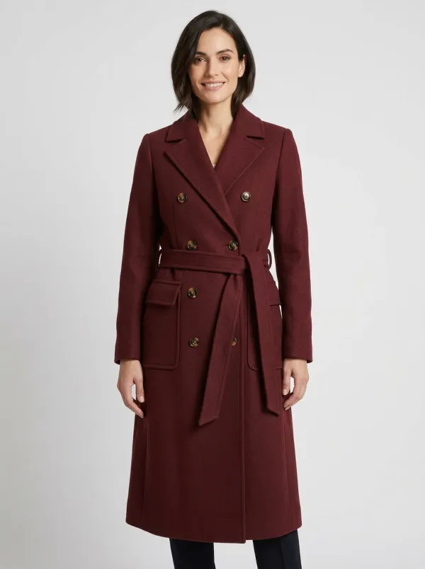Women's Harbor Classic Camel Double-Breasted Belted Wool Trench Coat