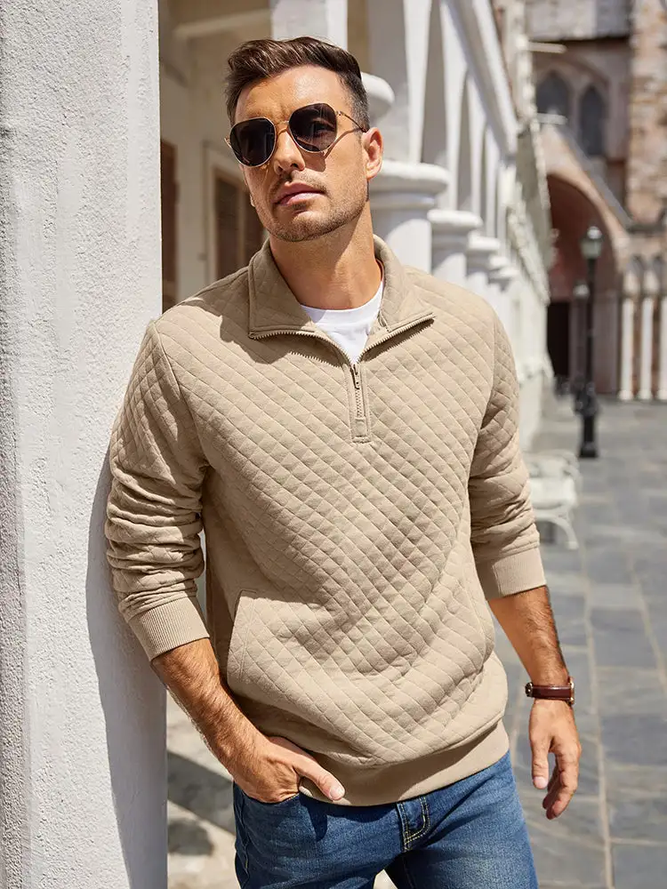 Trendy Quarter Zip Pullover Quilted Sweatshirt Hoodie